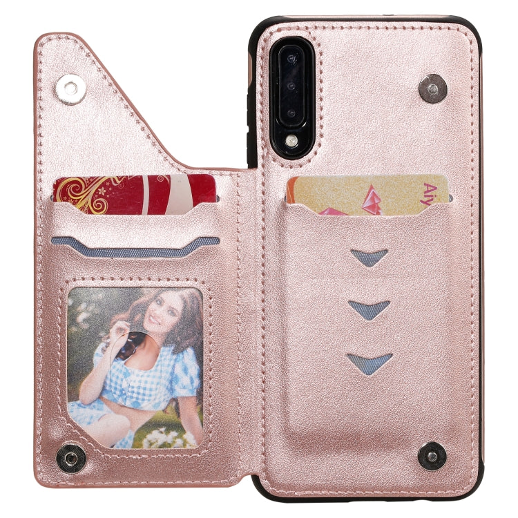 For Samsung Galaxy A50 Flower Embossing Pattern Shockproof Protective Case with Holder & Card Slots & Photo Frame(Rose Gold) by buy2fix