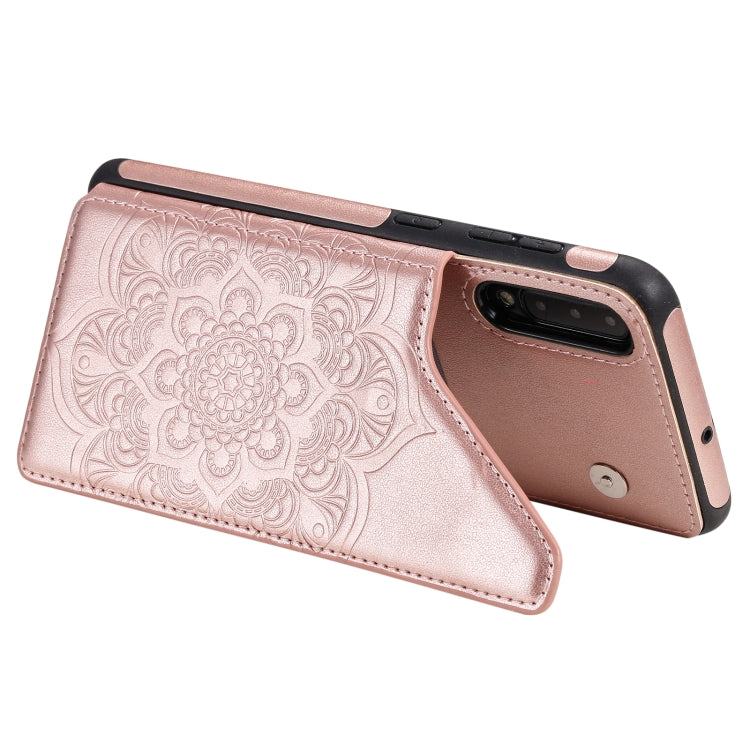 For Samsung Galaxy A50 Flower Embossing Pattern Shockproof Protective Case with Holder & Card Slots & Photo Frame(Rose Gold) by buy2fix