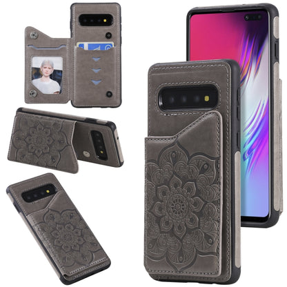 For Samsung Galaxy S10 5G Flower Embossing Pattern Shockproof Protective Case with Holder & Card Slots & Photo Frame(Grey) by buy2fix
