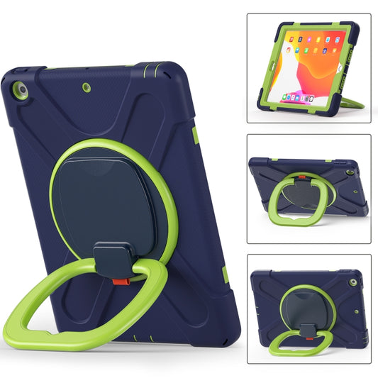 For Apple iPad 10.2 2021 / 2020 / 2019 Contrast Color Silicone + PC Protective Case with Holder & Shoulder Strap(Navy Blue + Yellow Green) by buy2fix
