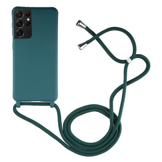 For Samsung Galaxy S21 Ultra 5G Candy Colors TPU Protective Case with Lanyard(Dark Green) by buy2fix