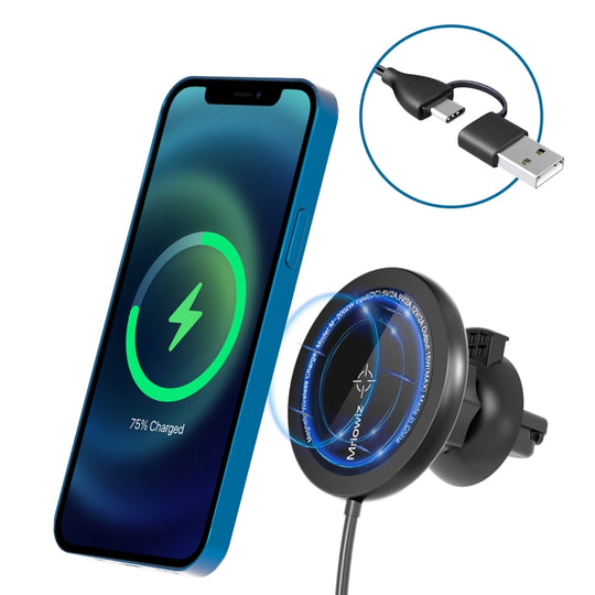 Mriowiz M-2002W 15W 360 Grad drehbares MagSafe Magnetic Car Wireless Charger für iPhone 12 Series, mit USB + USB-C / Type-C Datenkabel, Kabellänge: 1m