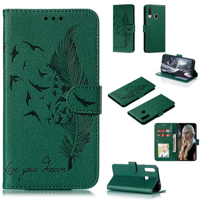 For Galaxy A20s Feather Pattern Litchi Texture Horizontal Flip Leather Case with Holder & Wallet & Card Slots(Green) by buy2fix