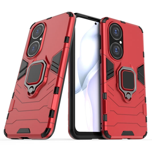For Huawei P50 PC + TPU Shockproof Protective Case with Magnetic Ring Holder(Red) by buy2fix