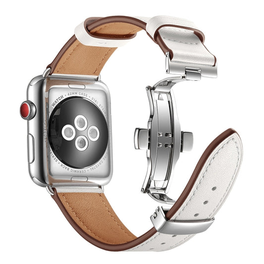 Genuine Leather + Butterfly Silver Buckle Watch Band For Apple Watch Series 7 45mm / 6 & SE & 5 & 4 44mm / 3 & 2 & 1 42mm(White) by buy2fix