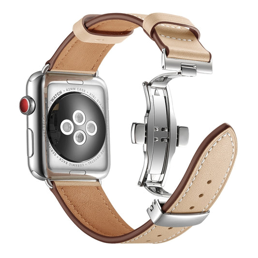 Genuine Leather + Butterfly Silver Buckle Watch Band For Apple Watch Series 7 45mm / 6 & SE & 5 & 4 44mm / 3 & 2 & 1 42mm(Apricot) by buy2fix