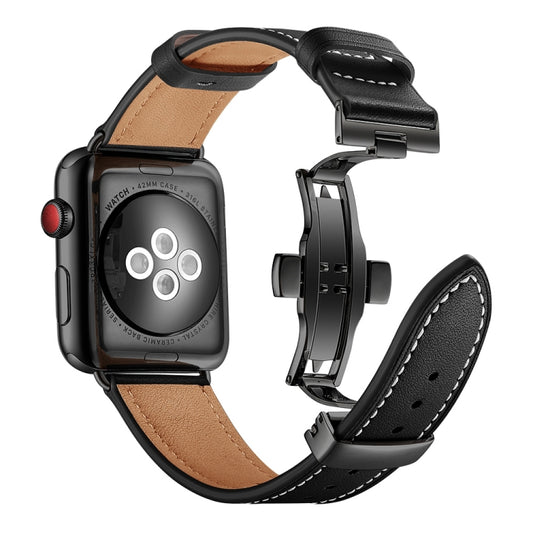 Genuine Leather + Butterfly Black Buckle Watch Band For Apple Watch Series 9&8&7 41mm / SE 3&SE 2&6&SE&5&4 40mm / 3&2&1 38mm(Black) by buy2fix