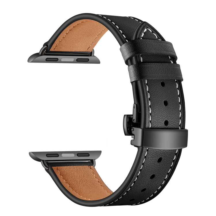 Genuine Leather + Butterfly Black Buckle Watch Band For Apple Watch Series 9&8&7 41mm / SE 3&SE 2&6&SE&5&4 40mm / 3&2&1 38mm(Black) by buy2fix