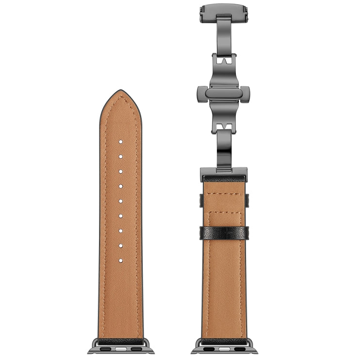 Genuine Leather + Butterfly Black Buckle Watch Band For Apple Watch Series 9&8&7 41mm / SE 3&SE 2&6&SE&5&4 40mm / 3&2&1 38mm(Black) by buy2fix