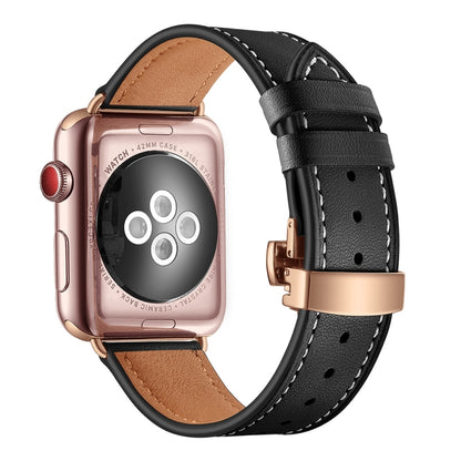 Genuine Leather + Butterfly Rose Gold Buckle Watch Band For Apple Watch Series 7 41mm / 6 & SE & 5 & 4 40mm / 3 & 2 & 1 38mm(Black) by buy2fix