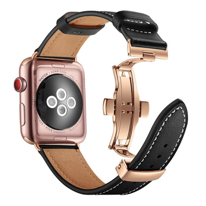 Genuine Leather + Butterfly Rose Gold Buckle Watch Band For Apple Watch Series 7 41mm / 6 & SE & 5 & 4 40mm / 3 & 2 & 1 38mm(Black) by buy2fix