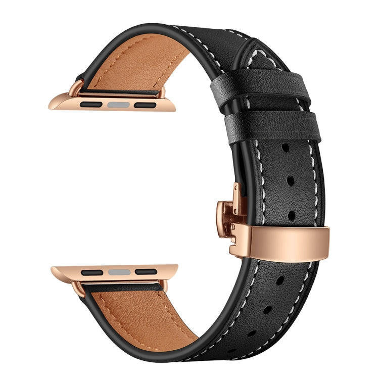 Genuine Leather + Butterfly Rose Gold Buckle Watch Band For Apple Watch Series 7 41mm / 6 & SE & 5 & 4 40mm / 3 & 2 & 1 38mm(Black) by buy2fix