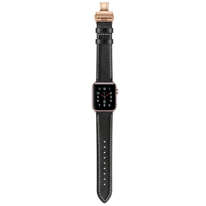 Genuine Leather + Butterfly Rose Gold Buckle Watch Band For Apple Watch Series 7 41mm / 6 & SE & 5 & 4 40mm / 3 & 2 & 1 38mm(Black) by buy2fix