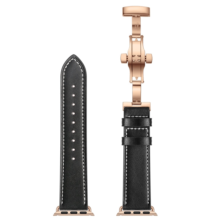 Genuine Leather + Butterfly Rose Gold Buckle Watch Band For Apple Watch Series 7 41mm / 6 & SE & 5 & 4 40mm / 3 & 2 & 1 38mm(Black) by buy2fix