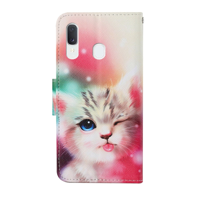 For Samsung Galaxy A40 Colored Drawing Pattern Horizontal Flip Leather Case with Holder & Card Slots & Wallet & Lanyard(Squint Cat) by buy2fix