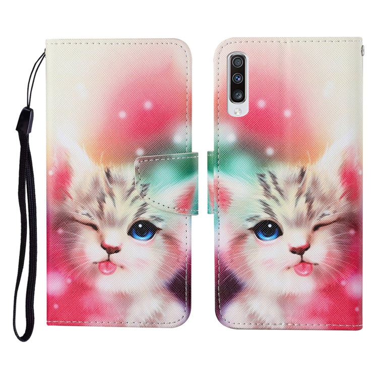 For Samsung Galaxy A50 / A30s Colored Drawing Pattern Horizontal Flip Leather Case with Holder & Card Slots & Wallet & Lanyard(Squint Cat) by buy2fix