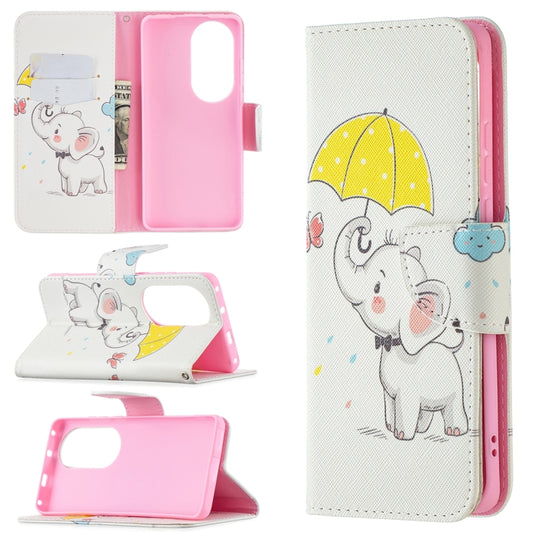For Huawei P50 Pro Colored Drawing Pattern Horizontal Flip Leather Case with Holder & Card Slots & Wallet(Umbrella Elephant)