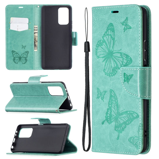 For Xiaomi Redmi Note 10 Pro Two Butterflies Embossing Pattern Horizontal Flip Leather Case with Holder & Card Slot & Wallet & Lanyard(Green)