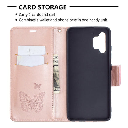 For Samsung Galaxy A32 4G Two Butterflies Embossing Pattern Horizontal Flip Leather Case with Holder & Card Slot & Wallet & Lanyard(Rose Gold) by buy2fix