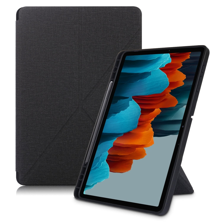 For Samsung Galaxy Tab S7 FE T730 / T735 / Tab S7+ / T970 / T975 Cloth Texture Multi-folding Leather Tablet Case with Holder & Sleep / Wake-up (Black) by buy2fix