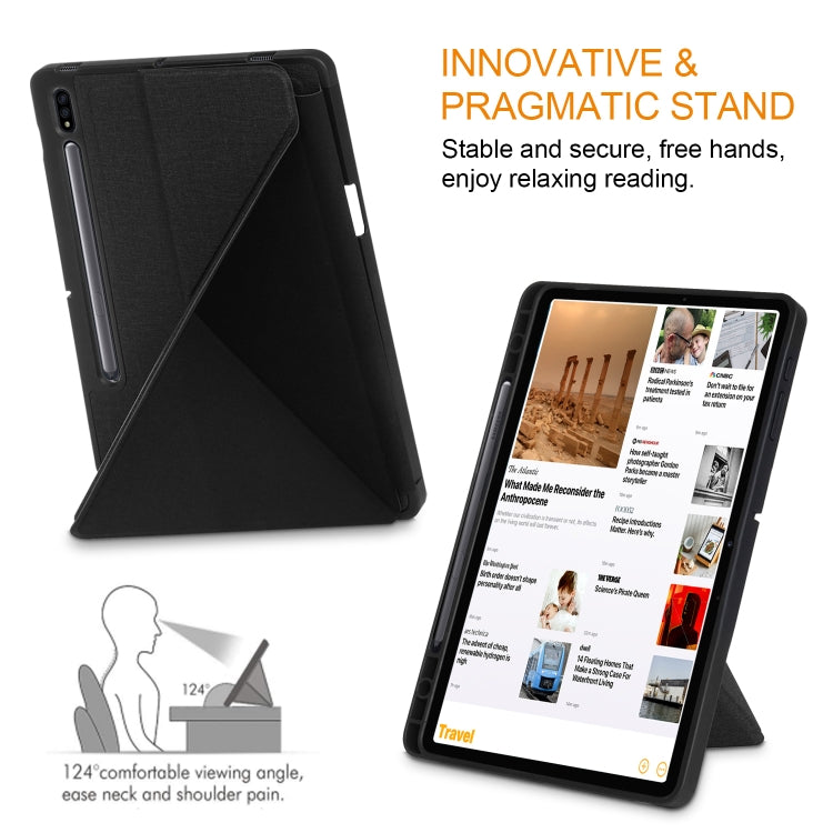 For Samsung Galaxy Tab S7 FE T730 / T735 / Tab S7+ / T970 / T975 Cloth Texture Multi-folding Leather Tablet Case with Holder & Sleep / Wake-up (Black) by buy2fix