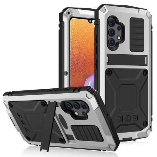 For Samsung Galaxy A32 4G R-JUST Waterproof Shockproof Dustproof Metal + Silicone Protective Case with Holder(Silver)