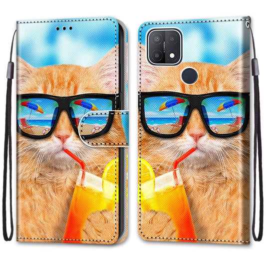 For OPPO A15 / A15s Coloured Drawing Cross Texture Horizontal Flip PU Leather Case with Holder & Card Slots & Wallet & Lanyard(Cat Drinking Soda) by buy2fix