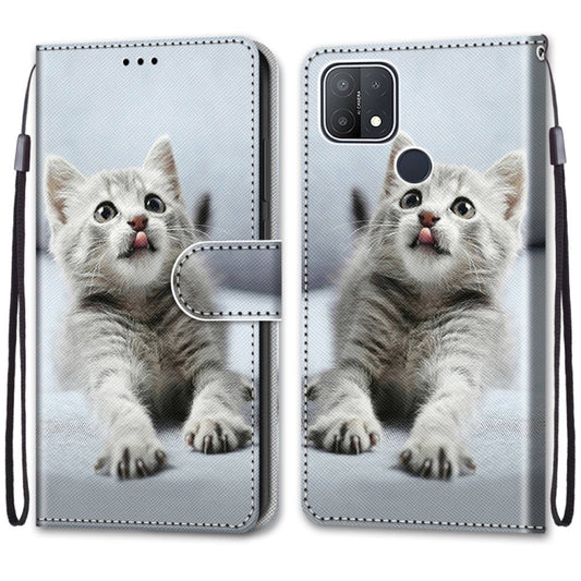 For OPPO A15 / A15s Coloured Drawing Cross Texture Horizontal Flip PU Leather Case with Holder & Card Slots & Wallet & Lanyard(Small Gray Cat) by buy2fix