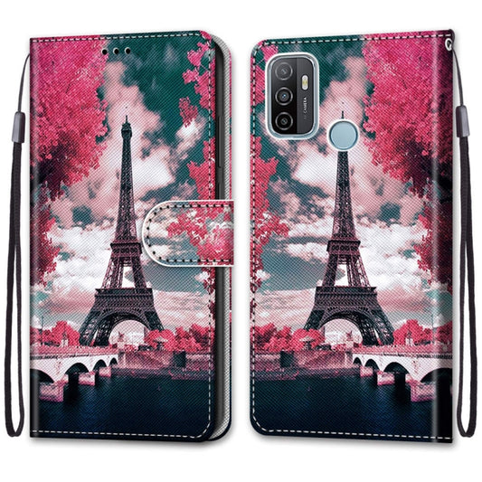 For OPPO A53 4G(2020) / A53s / A32 / A33 (2020) Coloured Drawing Cross Texture Horizontal Flip PU Leather Case with Holder & Card Slots & Wallet & Lanyard(Pink Flower Tower Bridge) by buy2fix