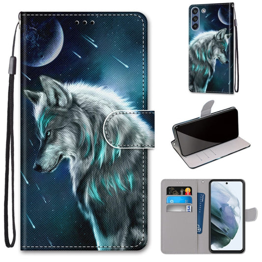 For Samsung Galaxy S21 FE Coloured Drawing Cross Texture Horizontal Flip PU Leather Case with Holder & Card Slots & Wallet & Lanyard(Pensive Wolf) by buy2fix