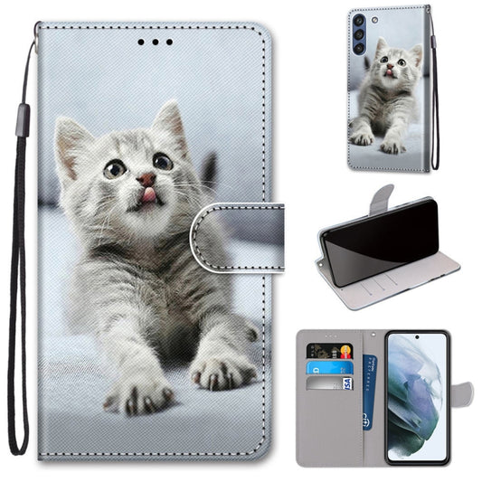 For Samsung Galaxy S21 FE Coloured Drawing Cross Texture Horizontal Flip PU Leather Case with Holder & Card Slots & Wallet & Lanyard(Small Gray Cat) by buy2fix