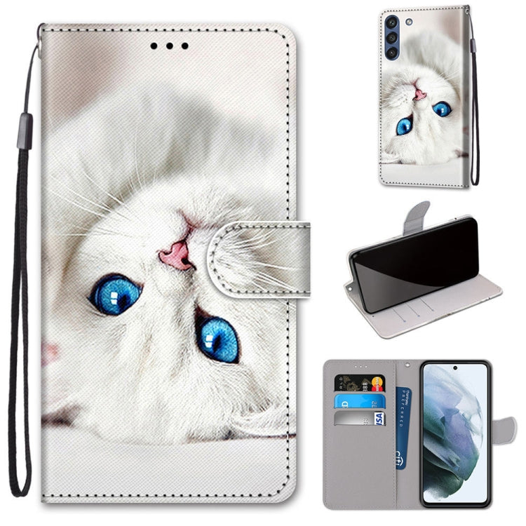 For Samsung Galaxy S21 FE Coloured Drawing Cross Texture Horizontal Flip PU Leather Case with Holder & Card Slots & Wallet & Lanyard(White Kitten) by buy2fix
