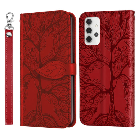 For Samsung Galaxy A32 5G Life of Tree Embossing Pattern Horizontal Flip Leather Case with Holder & Card Slot & Wallet & Photo Frame & Lanyard(Red) by buy2fix