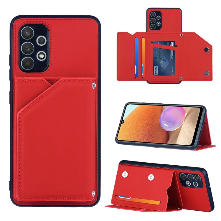 For Samsung Galaxy A32 4G (EU Version) Skin Feel PU + TPU + PC Back Cover Shockproof Case with Card Slots & Holder & Photo Frame(Red) by buy2fix
