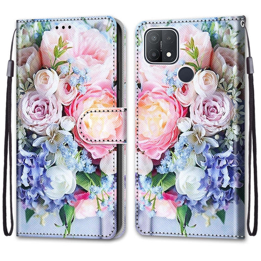 For OPPO A15 / A15s Coloured Drawing Cross Texture Horizontal Flip PU Leather Case with Holder & Card Slots & Wallet & Lanyard(Light Pink Bouquet) by buy2fix