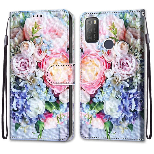 For Alcatel 3L 2021 Coloured Drawing Cross Texture Horizontal Flip PU Leather Case with Holder & Card Slots & Wallet & Lanyard(Light Pink Bouquet) by buy2fix
