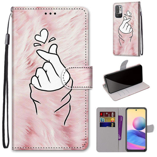 For Xiaomi Redmi Note 10 5G Coloured Drawing Cross Texture Horizontal Flip PU Leather Case with Holder & Card Slots & Wallet & Lanyard(Pink Hands Heart)