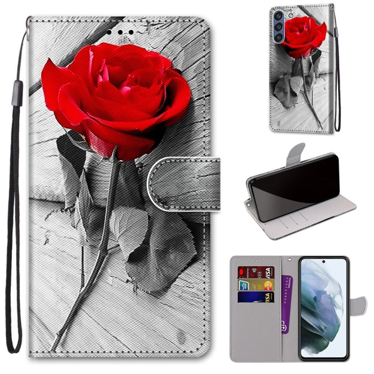 For Samsung Galaxy S21 FE Coloured Drawing Cross Texture Horizontal Flip PU Leather Case with Holder & Card Slots & Wallet & Lanyard(Wood Red Rose) by buy2fix