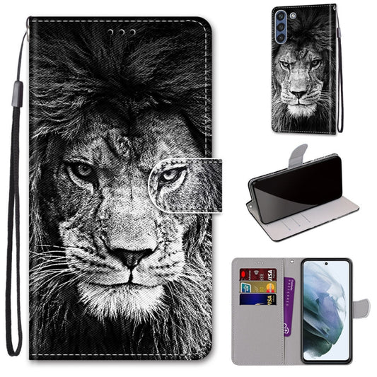 For Samsung Galaxy S21 FE Coloured Drawing Cross Texture Horizontal Flip PU Leather Case with Holder & Card Slots & Wallet & Lanyard(Black White Lion Head) by buy2fix