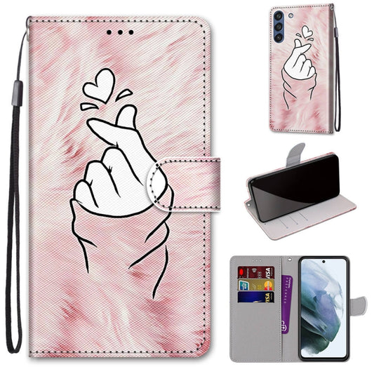 For Samsung Galaxy S21 FE Coloured Drawing Cross Texture Horizontal Flip PU Leather Case with Holder & Card Slots & Wallet & Lanyard(Pink Hands Heart) by buy2fix