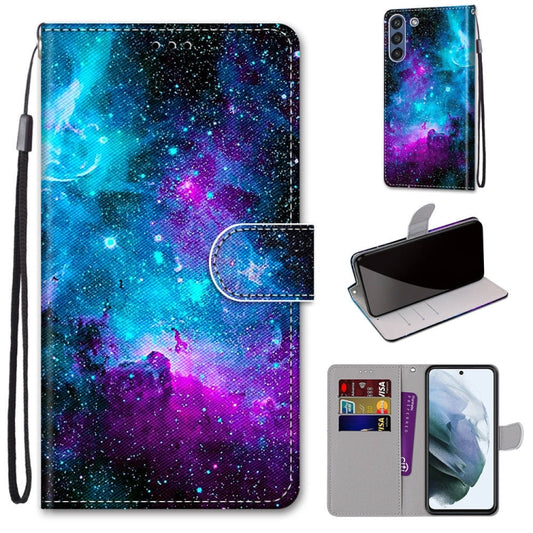 For Samsung Galaxy S21 FE Coloured Drawing Cross Texture Horizontal Flip PU Leather Case with Holder & Card Slots & Wallet & Lanyard(Purple Green Starry Sky) by buy2fix