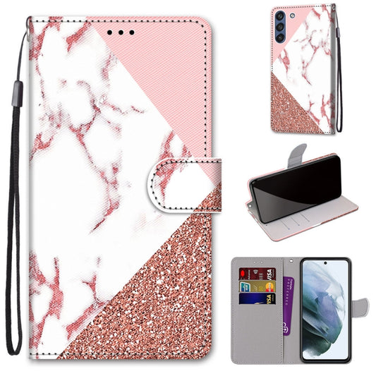 For Samsung Galaxy S21 FE Coloured Drawing Cross Texture Horizontal Flip PU Leather Case with Holder & Card Slots & Wallet & Lanyard(Pink Stone Texture) by buy2fix