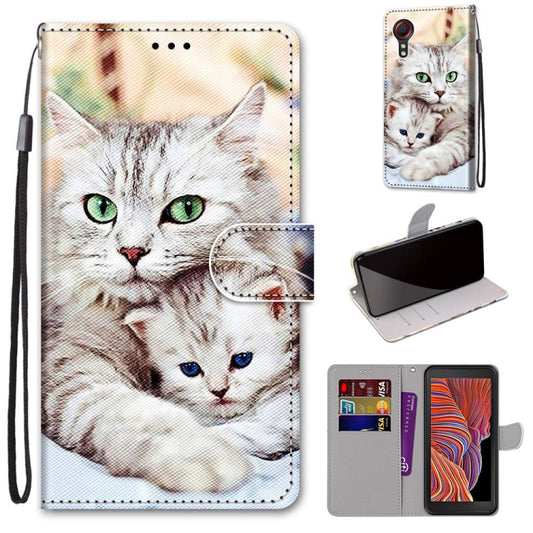 For Samsung Galaxy Xcover 5 Coloured Drawing Cross Texture Horizontal Flip PU Leather Case with Holder & Card Slots & Wallet & Lanyard(Big Cat Holding Kitten) by buy2fix