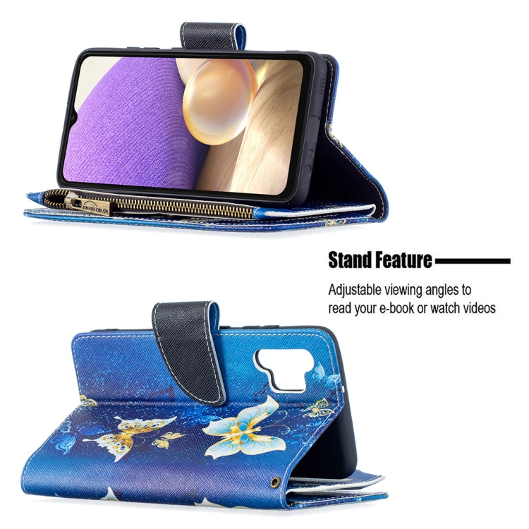 For Samsung Galaxy A32 4G Colored Drawing Pattern Zipper Horizontal Flip Leather Case with Holder & Card Slots & Wallet(Gold Butterfly) by buy2fix