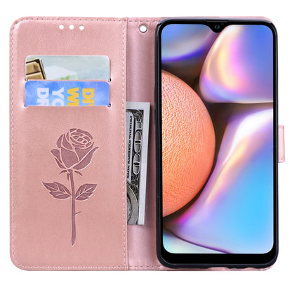 For Samsung Galaxy A12 Rose Embossed Horizontal Flip PU Leather Case with Holder & Card Slots & Wallet(Rose Gold) by buy2fix