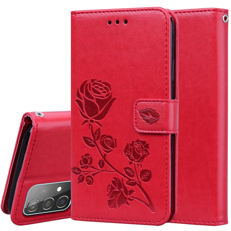 For Samsung Galaxy A52 5G / 4G Rose Embossed Horizontal Flip PU Leather Case with Holder & Card Slots & Wallet(Red) by buy2fix