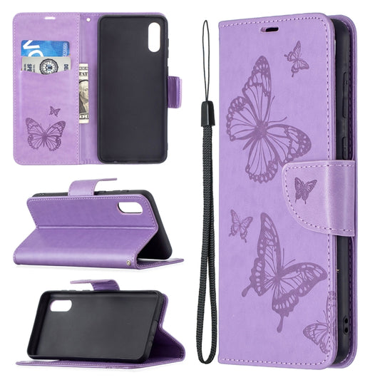 For Samsung Galaxy A02 Embossing Two Butterflies Pattern Horizontal Flip PU Leather Case with Holder & Card Slot & Wallet & Lanyard(Purple) by buy2fix