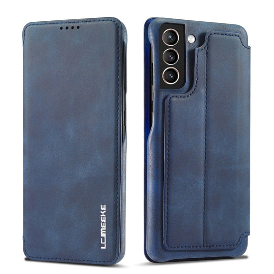 For Samsung Galaxy S21 FE LC.IMEEKE Hon Ancient Series Horizontal Flip Leather Case with Holder & Card Slot(Blue)