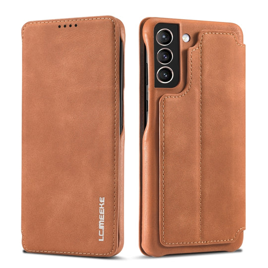For Samsung Galaxy S21 FE LC.IMEEKE Hon Ancient Series Horizontal Flip Leather Case with Holder & Card Slot(Brown)