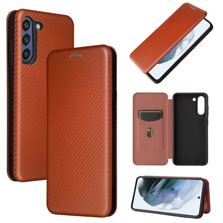 For Samsung Galaxy S21 FE Carbon Fiber Texture Horizontal Flip TPU + PC + PU Leather Case with Card Slot(Brown) - Samsung Accessories by buy2fix | Online Shopping UK | buy2fix